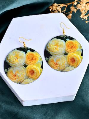 Yellow rose floral print round earrings 2