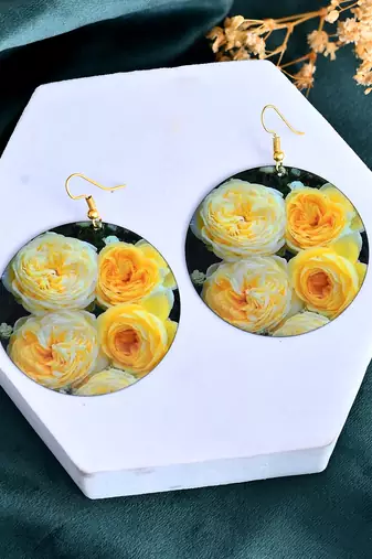 Yellow rose floral print round earrings