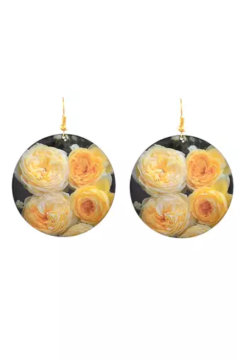 Yellow rose floral print round earrings