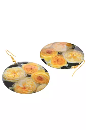 Yellow rose floral print round earrings