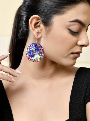Floral patterned round dangle earrings with gold hooks 1