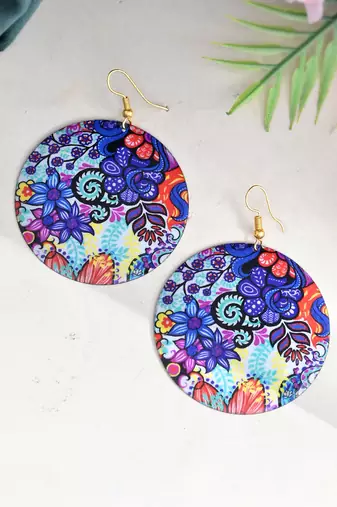 Floral patterned round dangle earrings with gold hooks