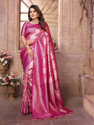 Pink Somya checks Banarasi style silk bland zari weaving contrust Border saree with Blouse 1