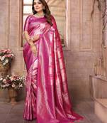 Pink Somya checks Banarasi style silk bland zari weaving contrust Border saree with Blouse