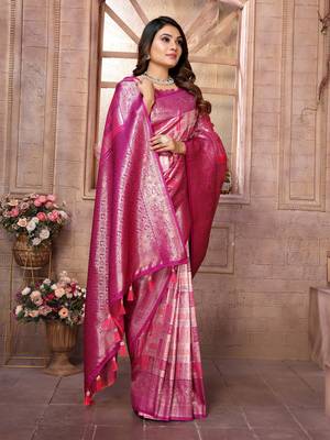 Pink Somya checks Banarasi style silk bland zari weaving contrust Border saree with Blouse 3