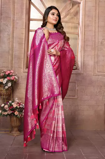 Pink Somya checks Banarasi style silk bland zari weaving contrust Border saree with Blouse
