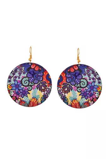 Floral patterned round dangle earrings with gold hooks
