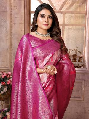 Pink Somya checks Banarasi style silk bland zari weaving contrust Border saree with Blouse 5