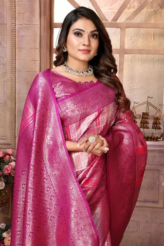 Pink Somya checks Banarasi style silk bland zari weaving contrust Border saree with Blouse