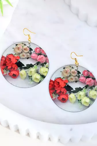 Floral bouquet round dangle earrings with gold hooks