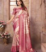 Cream Somya checks Banarasi style silk bland zari weaving contrust Border saree with Blouse