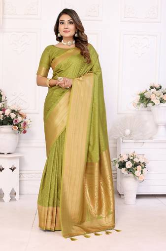 Mahendi Tanya sudarshan banarasi style silk bland zari weaving border Saree with Blouse
