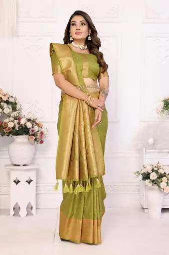 Mahendi Tanya sudarshan banarasi style silk bland zari weaving border Saree with Blouse