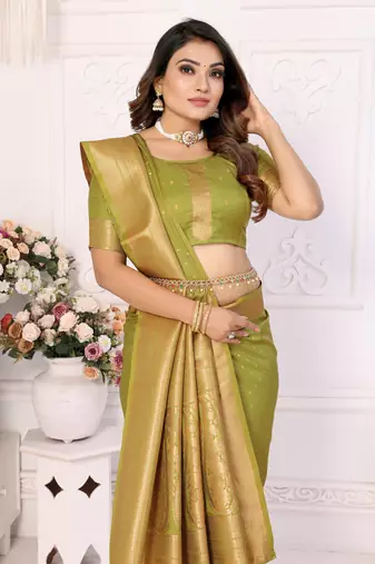 Mahendi Tanya sudarshan banarasi style silk bland zari weaving border Saree with Blouse