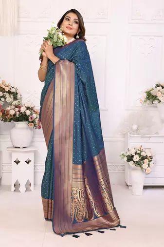 Blue Tanya sudarshan banarasi style silk bland zari weaving border Saree with Blouse