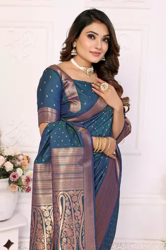 Blue Tanya sudarshan banarasi style silk bland zari weaving border Saree with Blouse
