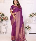 Purple Tanya sudarshan banarasi style silk bland zari weaving border Saree with Blouse