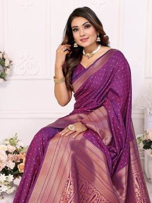 Purple Tanya sudarshan banarasi style silk bland zari weaving border Saree with Blouse 5