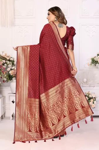 Red Tanya sudarshan banarasi style silk bland zari weaving border Saree with Blouse