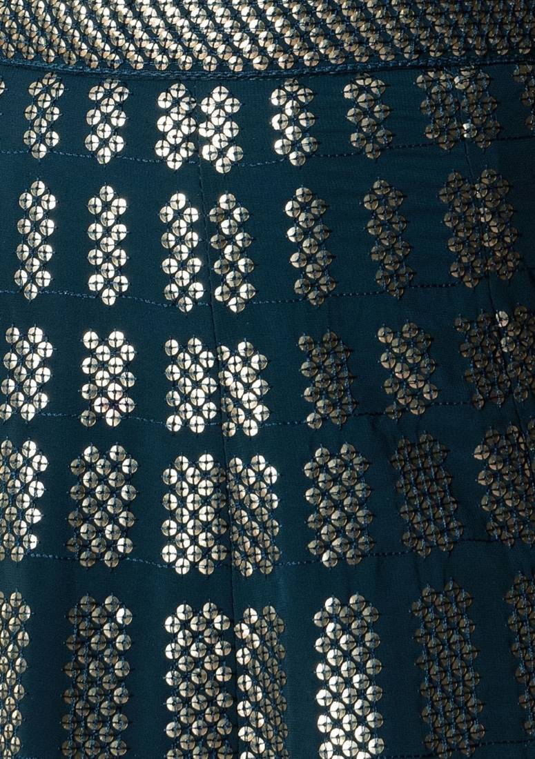 Teal Blue Thread And Sequins Embroidered Georgette Lehenga Choli Designs