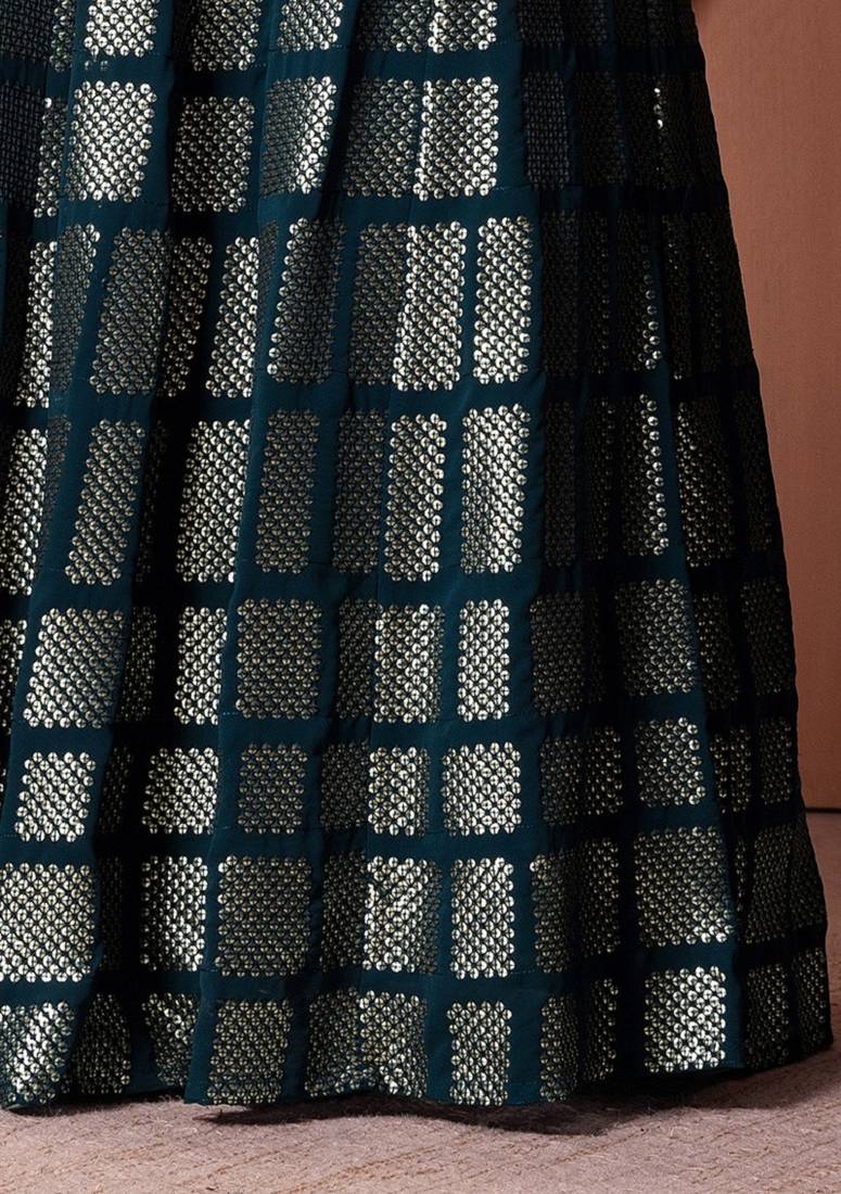 Teal Blue Thread And Sequins Embroidered Georgette Lehenga Choli Designs