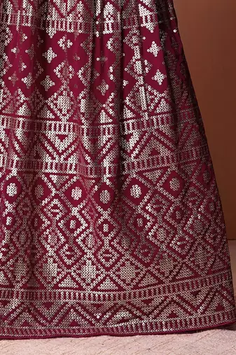 Dark Pink Sequins And Thread Embroidered Georgette Indian Lehenga Dress