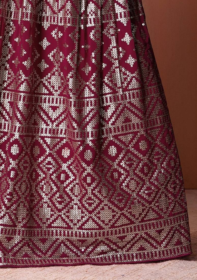 Dark Pink Sequins And Thread Embroidered Georgette Indian Lehenga Dress