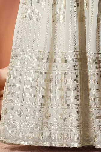 White Sequins With Thread Embroidered Georgette Indian Dress Lehenga Designs