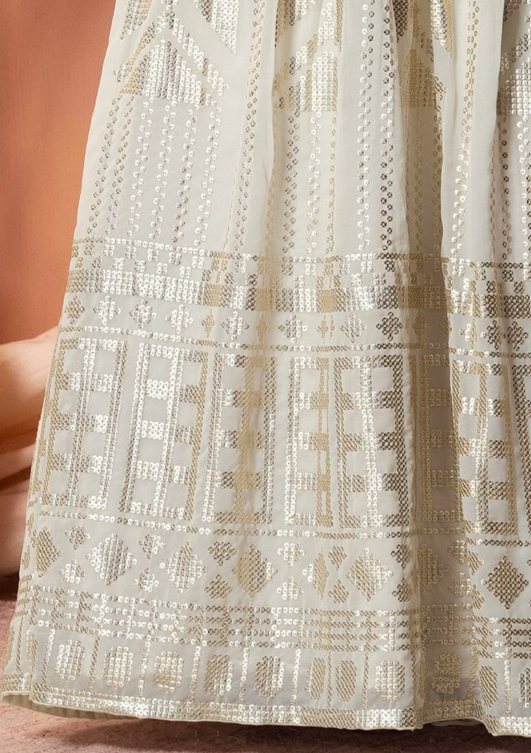 White Sequins With Thread Embroidered Georgette Indian Dress Lehenga Designs