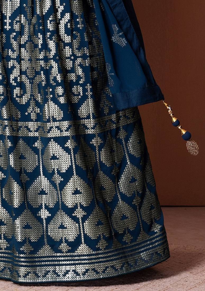 Blue Sequins With Thread Embroidery Work Georgette Indian Lehenga Dress Designs