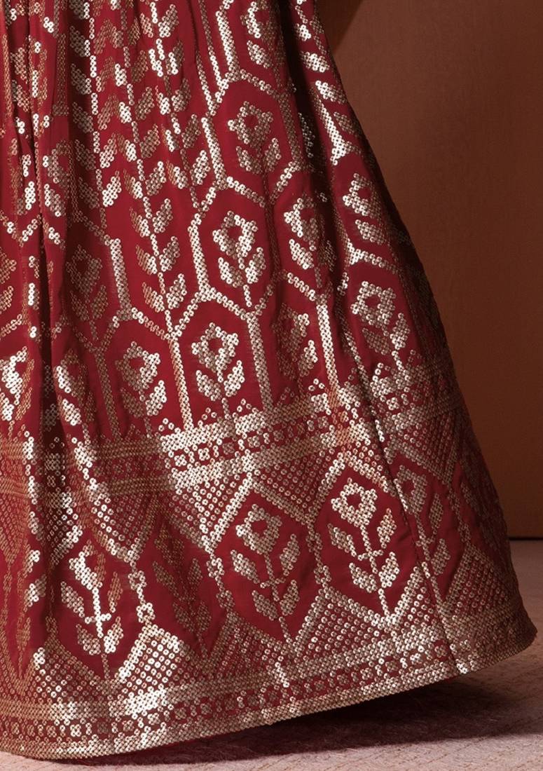  Maroon Thread With Sequins Embroidered Georgette Indian  Lehenga Dress