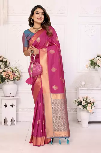 Pink Lichi Soft Silk bland Jari Weaving Border & Rich Pallu With Contrast Blouse