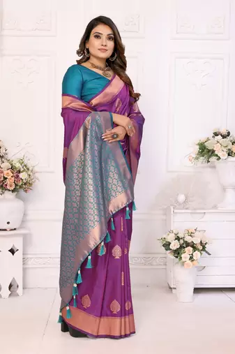 Purple Lichi Soft Silk bland Jari Weaving Border & Rich Pallu With Contrast Blouse
