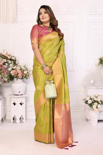 Parrot Green Lichi Soft Silk bland Jari Weaving Border & Rich Pallu With Contrast Blouse