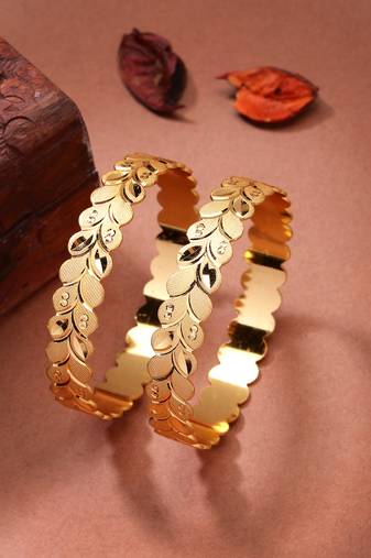  women's set of 2 gold-plated leaf shaped kada bangles