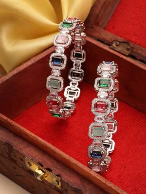 women's set of 2 multicolor silver-plated american diamond studded bangles 1