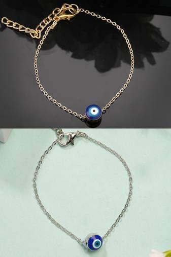 women's set of 2 gold & silver plated evil eye link bracelet