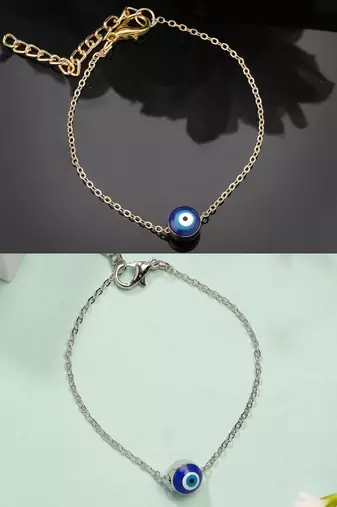  women's set of 2 gold & silver plated evil eye link bracelet