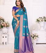 Sky Lichi Soft Silk bland Jari Weaving Border & Rich Pallu With Contrast Blouse