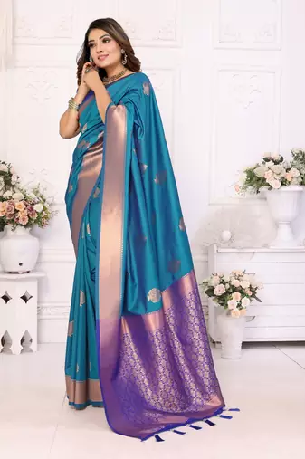 Sky Lichi Soft Silk bland Jari Weaving Border & Rich Pallu With Contrast Blouse