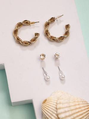  women's set of 3 gold-plated artificial stones half hoop earrings 1