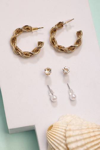  women's set of 3 gold-plated artificial stones half hoop earrings