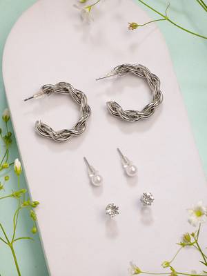  women's set of 3 silver-plated artificial stones half hoop earrings 1