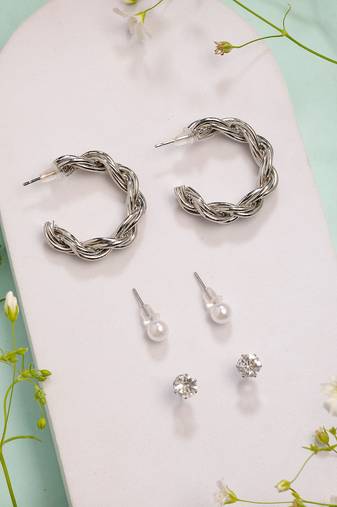  women's set of 3 silver-plated artificial stones half hoop earrings