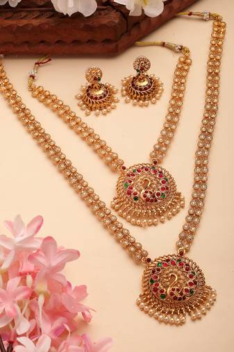 women's set of 2 gold plated red & green stone studded peacock design temple jewellery set