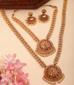  women's set of 2 gold plated red & green stone studded peacock design temple jewellery set