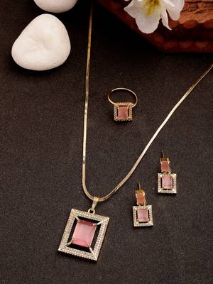  women gold-plated pink american diamond-studded pendant set with ring 1