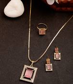  women gold-plated pink american diamond-studded pendant set with ring