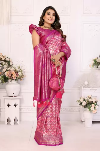 Pink Faux Banarasi Saree With Jari Weaving Border And Weaving Rich Pallu With Contrast  Blouse