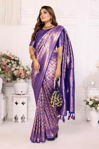 Blue Faux Banarasi Saree With Jari Weaving Border And Weaving Rich Pallu With Contrast  Blouse